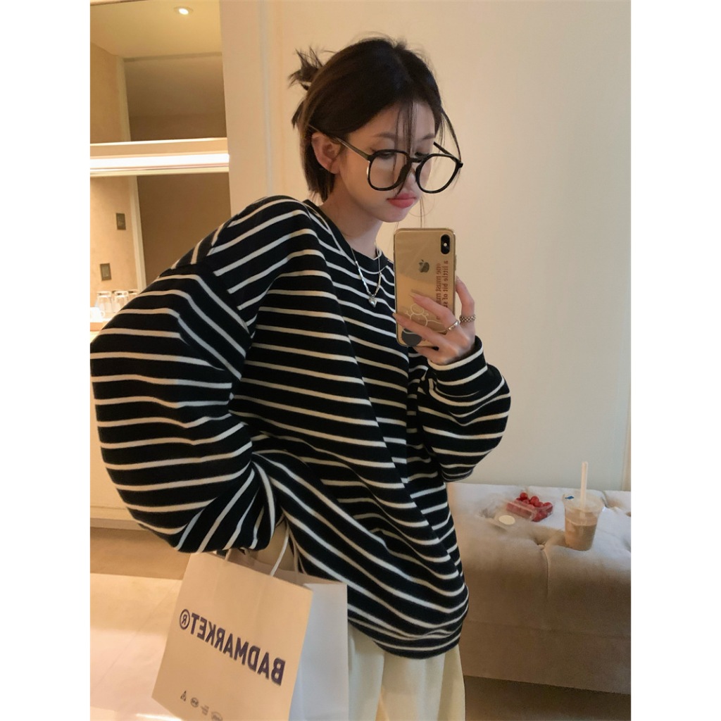 A027 Áo phông không cổ tròn nam nữ dáng to sọc Ulzzang hot hit Áo thun kẻ ngang đen trắng dài cộc tay form rộng unisex