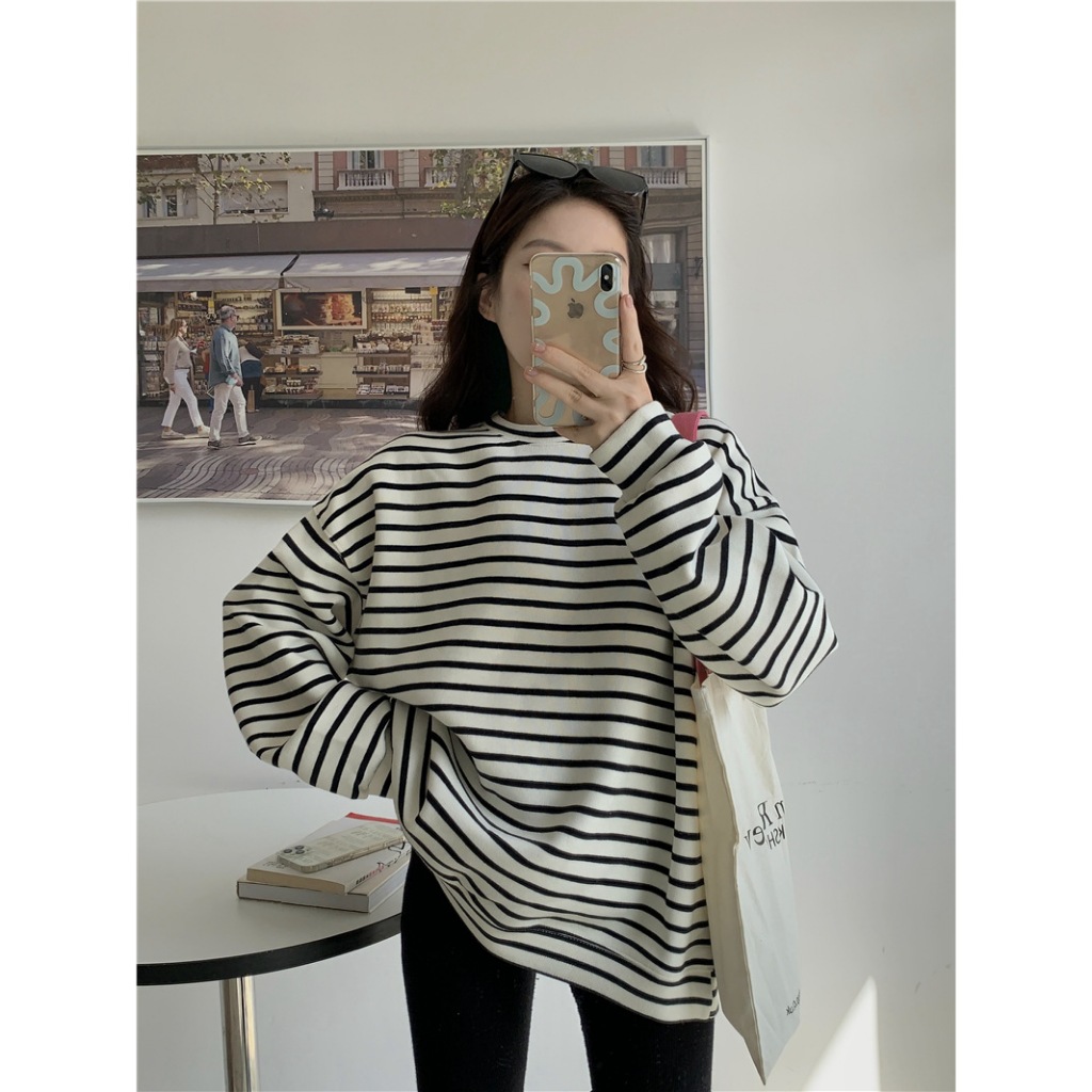 A027 Áo phông không cổ tròn nam nữ dáng to sọc Ulzzang hot hit Áo thun kẻ ngang đen trắng dài cộc tay form rộng unisex