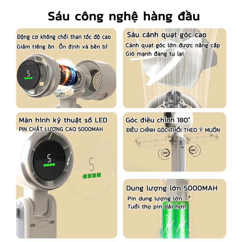 EXYTQuạt cầm tay mini dung lượng pin 5000mAh 5 cấp độ gió quạt tích điện có thể gấp gọn màn hình hiển thị pin tuabin gió