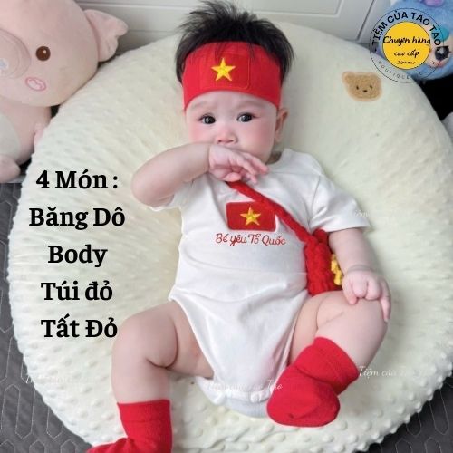 SẴN SHIP- TẶNG CỜ- HỎA TỐC - Body,Bodysuit 2 tháng 9 cờ đỏ sao vàng tặng túi cờ đỏ,băng dô đỏ,Tất bé trai bé gái4-14kg