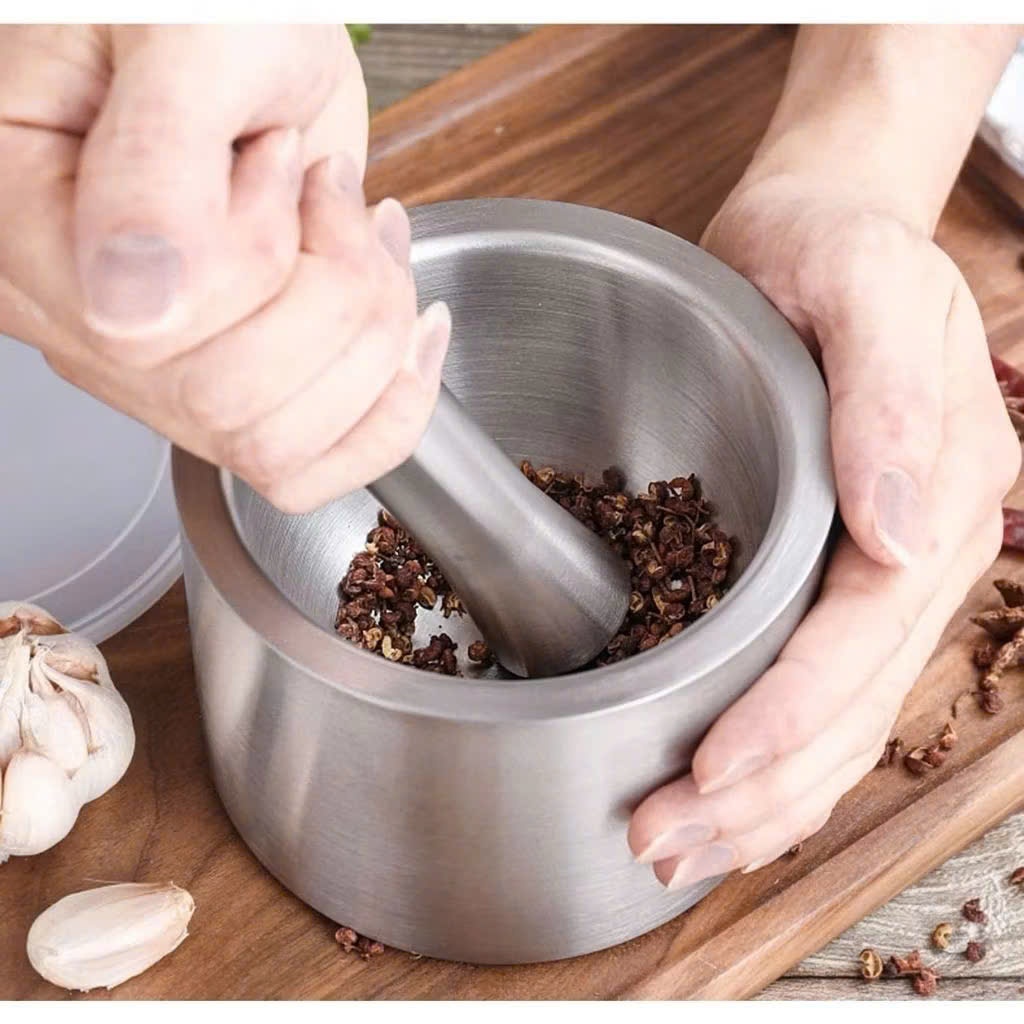 Bộ Cối Chày Inox Hình Trụ 10cm, Cối Chày Inox Không Gỉ Cao Cấp