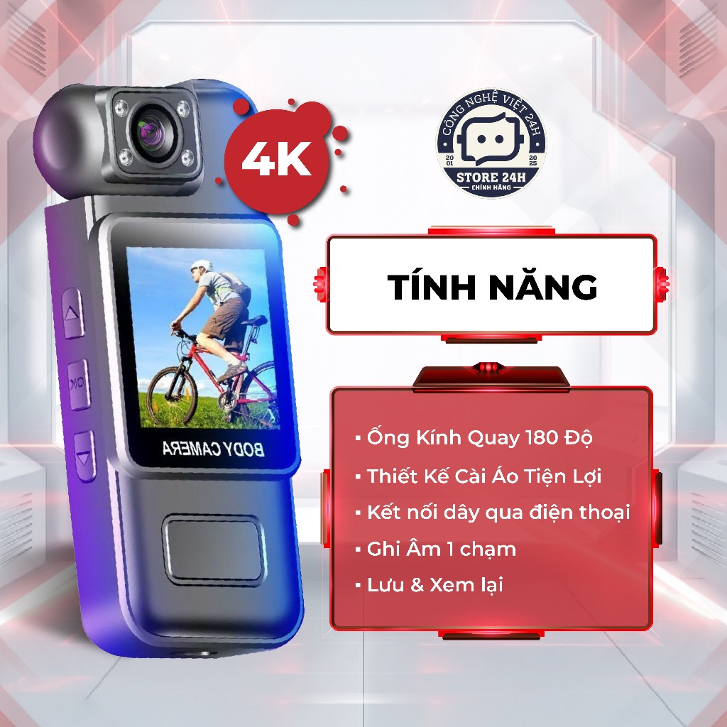 Camera Mini 4K, Ghi Âm, Chụp Ảnh, Quay Chống Rung Quang học, Kết Nối Wifi Điện Thoại , Pin 10 Tiếng