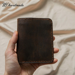 Bóp nam ZENY da bò sáp ngựa điên cổ điển TH HANDMADE , Ví da bò mini Vintage màu Nâu/đen Không khóa