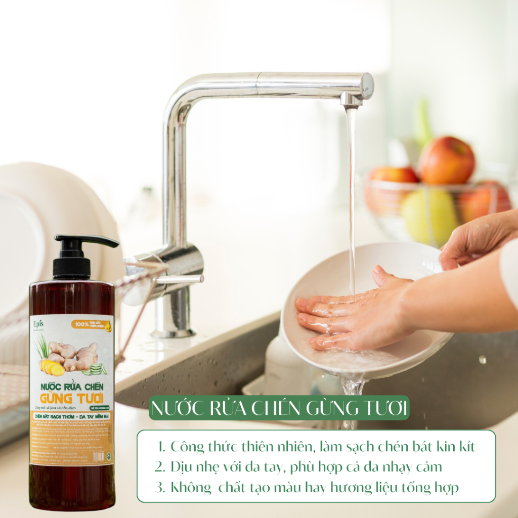 Product image Nước Rửa Chén Gừng Tươi Epis | Chén Bát Sạch Kin Kít, Dịu Mềm Da Tay, Thơm Nhẹ, An Toàn Cho Gia Đình 3