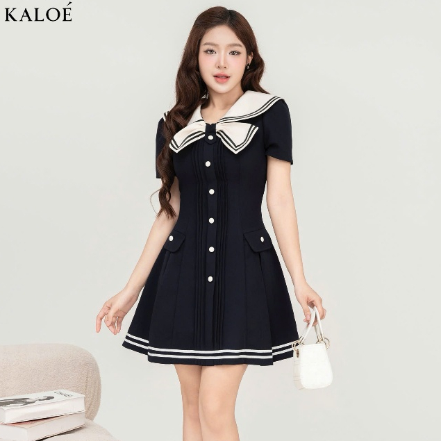 Váy Thiết Kế Cổ Thủy Thủ Viền Ruy Băng Đen Phối Nơ Xinh KALOE Trẻ Trung Thanh Lịch KL12 | BigBuy360 - bigbuy360.vn