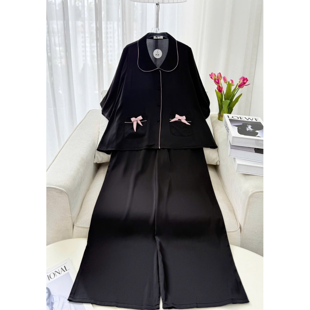 45-65kg bộ pijama viền nơ 2 túi tay loe lỡ lụa mịn latin