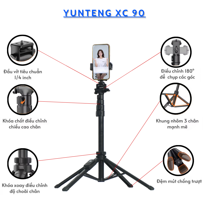 Combo Gậy Tự Sướng Yunteng XC90 + Gimbal Xoay 360 P01 – Phụ Kiện Livestream, Quay Video