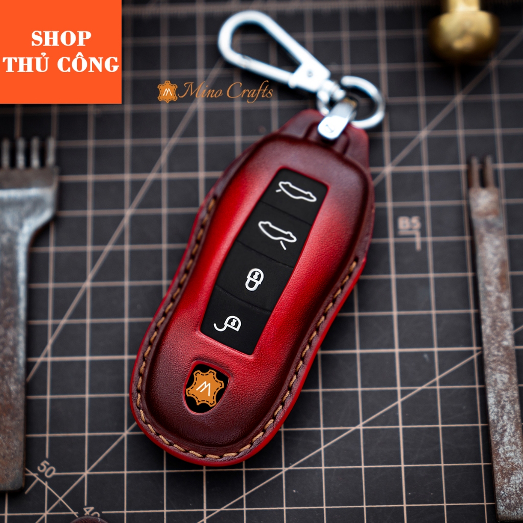 Bao da chìa khóa Porsche Macan, Panamera, Cayenne, Chế tác thủ công, Da bò thật nhập khẩu, Khắc tên