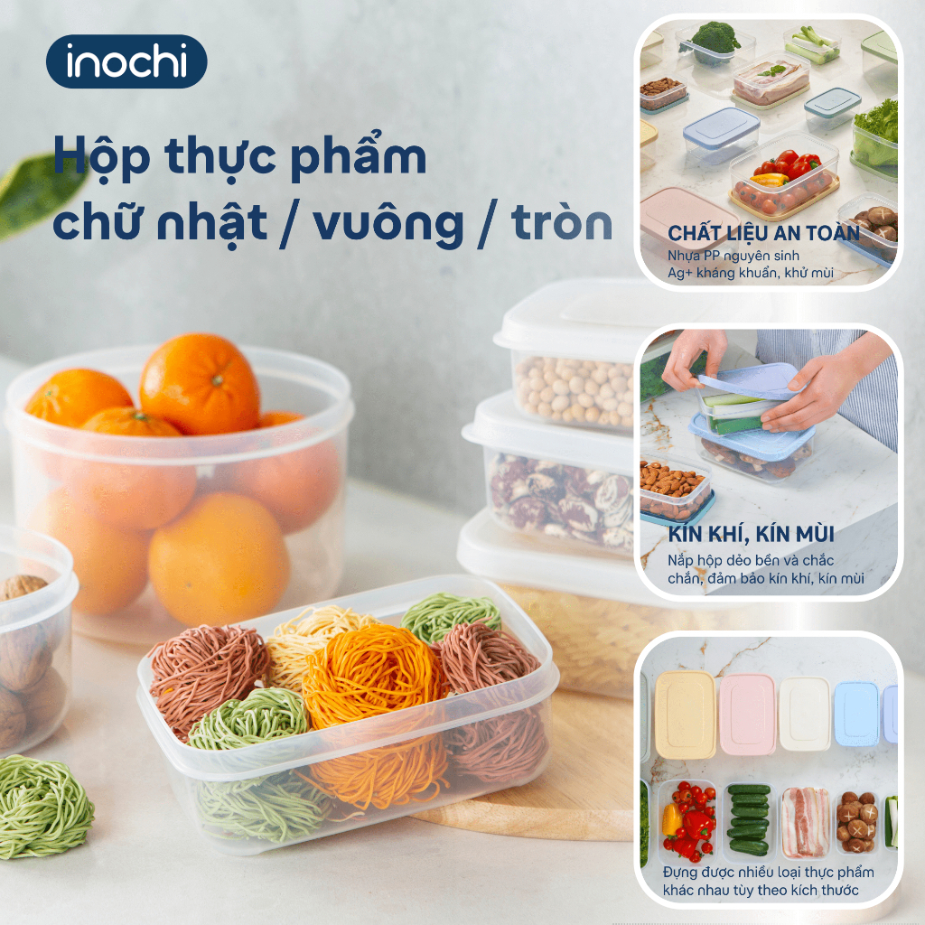 Hộp thực phẩm chữ nhật INOCHI, sử dụng được trong lò vi sóng, máy rửa chén. GIAO MÀU NGẪU NHIÊN