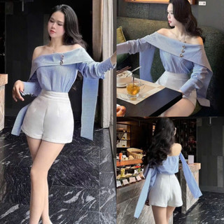 Áo kẻ trễ vai kiểu tà nữ tay dài phong cách Hàn Quốc 247store Áo kiểu nữ dễ thương đi chơi đi học