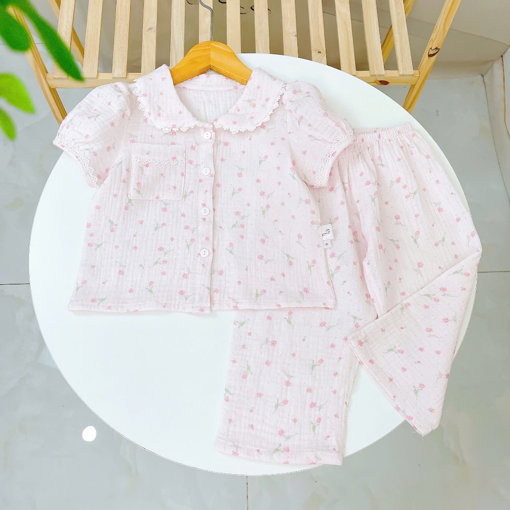Đồ ngủ cho bé gái tay ngắn quần dài xô muslin Lá Homewear A319, pijama cổ sen viền ren hoa nhí xinh
