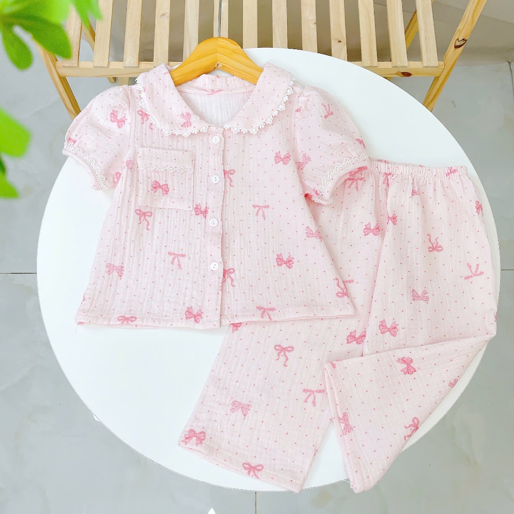 Đồ ngủ cho bé gái tay ngắn quần dài xô muslin Lá Homewear A319, pijama cổ sen viền ren hoa nhí xinh