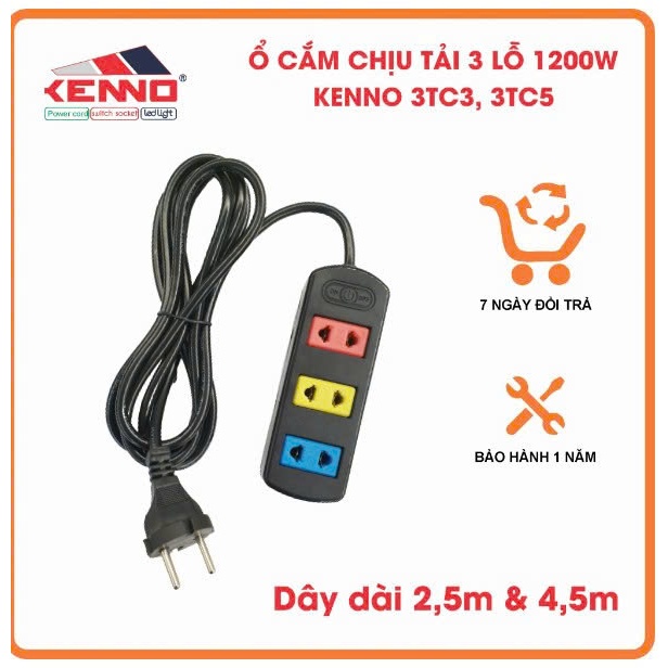 Ổ Cắm 3 Lỗ KENNO 3TC3,3CT5, công suất 1200w chống cháy chịu tải phi 4&5 ổ cắm điện đa năng