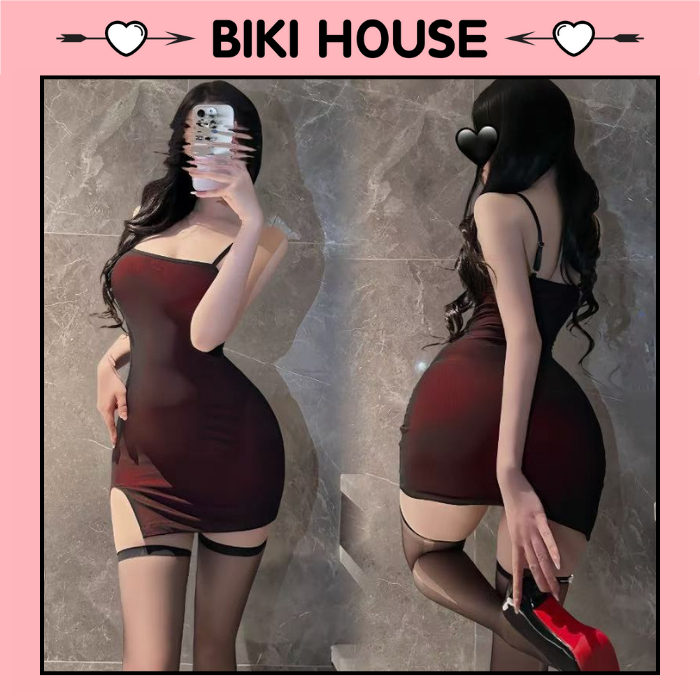 Váy ngủ ôm body tôn dáng trơn cám dỗ gợi cảm đầm hot girl 2 dây xẻ tà