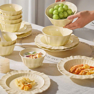 Bán lẻ| Bộ bát đĩa TIỂU THƯ sứ cao cấp 4,6,10 người ăn,bộ bát đĩa tạo hình váy sóng màu kem LUXURY TABLEWARE