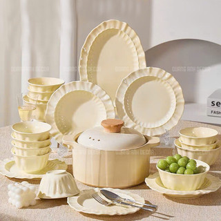Bán lẻ| Bộ bát đĩa TIỂU THƯ sứ cao cấp 4,6,10 người ăn,bộ bát đĩa tạo hình váy sóng màu kem LUXURY TABLEWARE