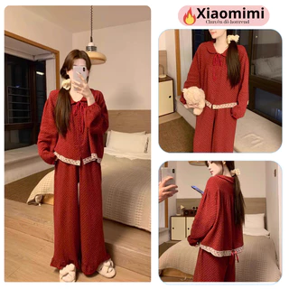 Đồ bộ nữ đồ mặc nhà tay dài cổ sen cột dây phối quần dài viền bèo họa tiết hoa nhí màu đỏ sang trọng HCOM3516 Xiaomimi