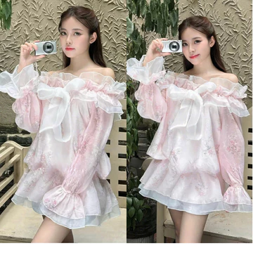 Đầm Trễ Vai Bánh Bèo Đính Nơ Họa Tiết Hồng MELLYSTORE ( CÓ QUẦN) Váy Bánh Bèo Chất Liệu Tơ Cao Cấp Đẹp Quyến Rũ 13