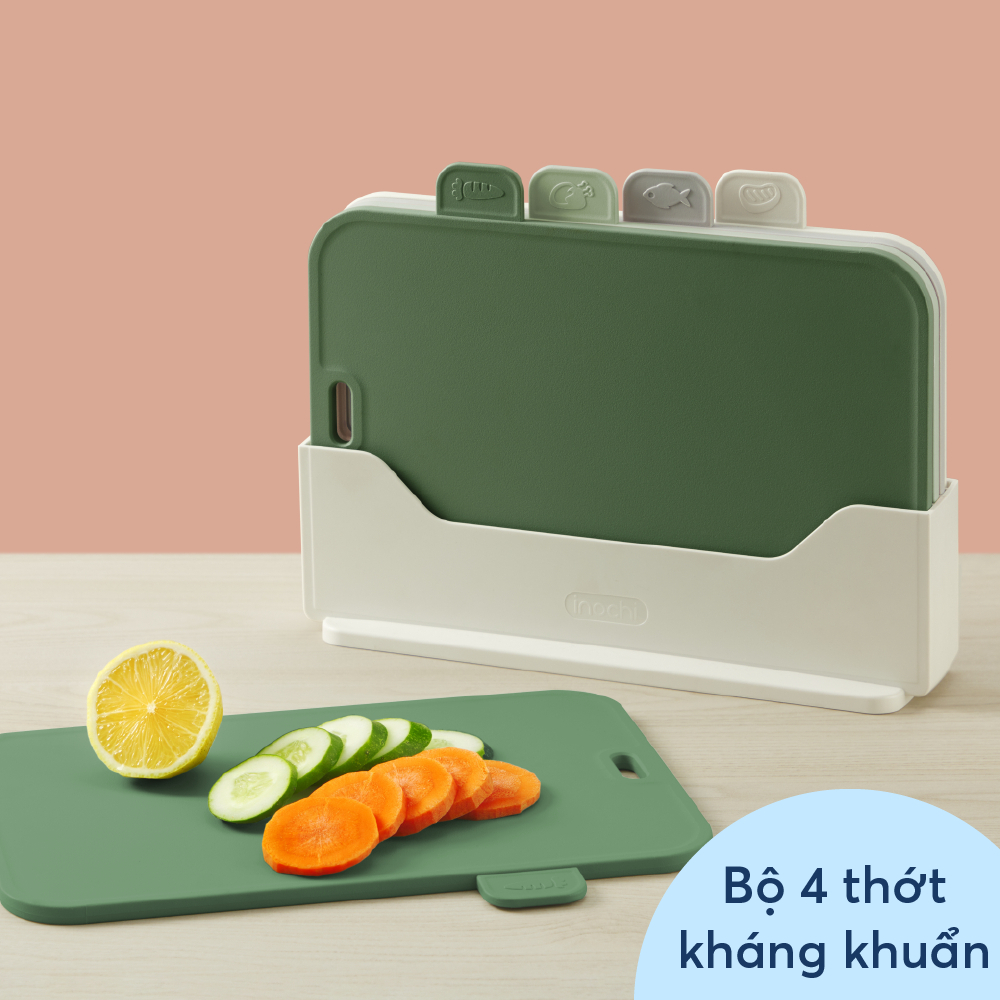 Bộ 4 thớt INOCHI kèm khay đỡ ráo nước. Nhựa pp kháng khuẩn, không ám mùi. Thớt cắt thịt cá, rau củ