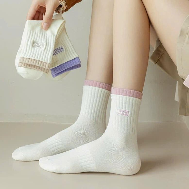 Combo 10 Đôi Tất vớ nữ nam cổ cao cổ trung màu trắng dễ thương hàn quốc đẹp viền đủ màu 337