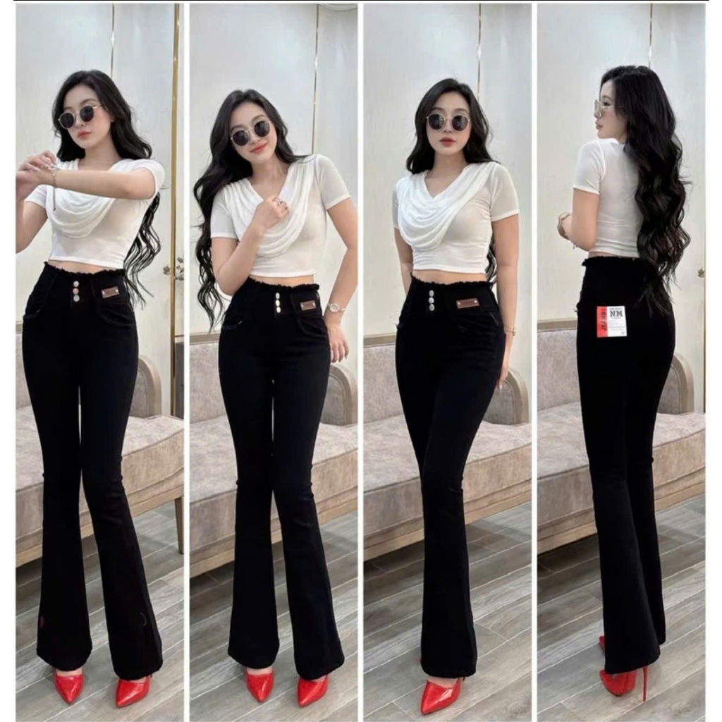 100-103cm Quần Jeans Nữ Ống Loe Dài Màu Đen Lưng Cao 3 Nút Kiểu Tua Co Giãn 4 Chiều Tôn Dáng