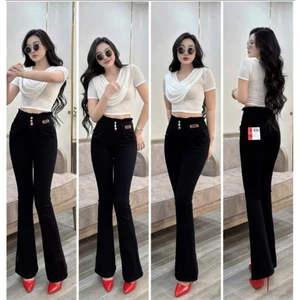 100-103cm Quần Jeans Nữ Ống Loe Dài Màu Đen Lưng Cao 3 Nút Kiểu Tua Co Giãn 4 Chiều Tôn Dáng