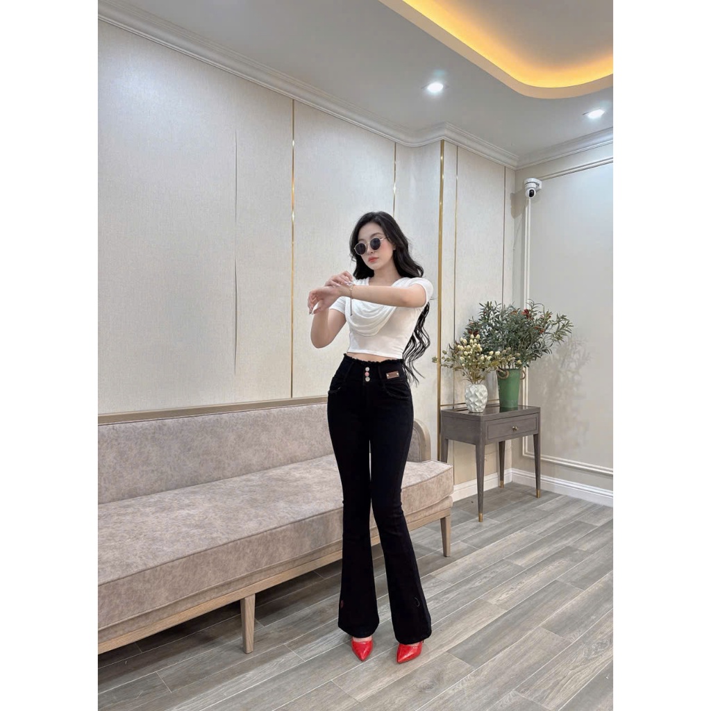 100-103cm Quần Jeans Nữ Ống Loe Dài Màu Đen Lưng Cao 3 Nút Kiểu Tua Co Giãn 4 Chiều Tôn Dáng