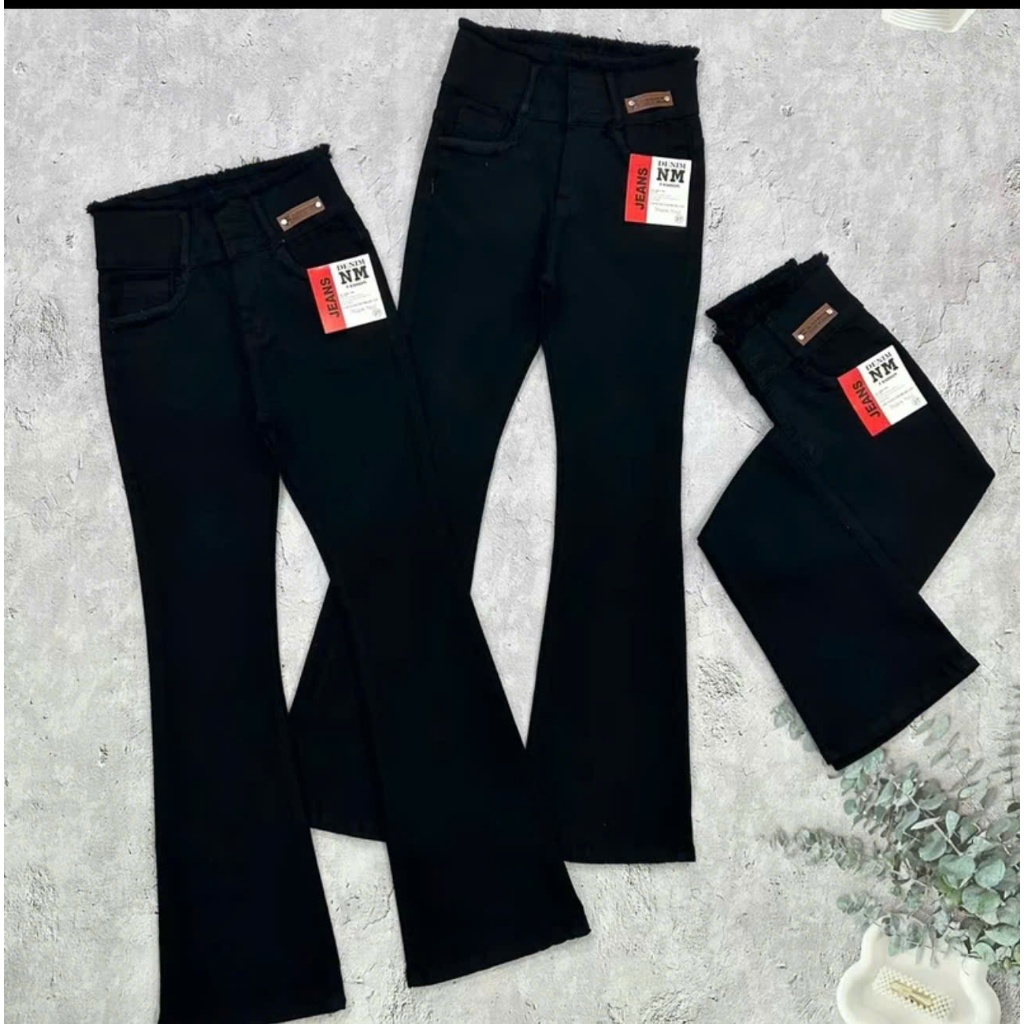100-103cm Quần Jeans Nữ Ống Loe Dài Màu Đen Lưng Cao 3 Nút Kiểu Tua Co Giãn 4 Chiều Tôn Dáng