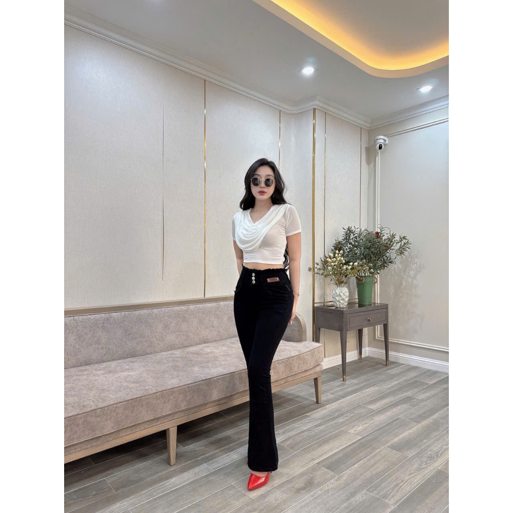 100-103cm Quần Jeans Nữ Ống Loe Dài Màu Đen Lưng Cao 3 Nút Kiểu Tua Co Giãn 4 Chiều Tôn Dáng