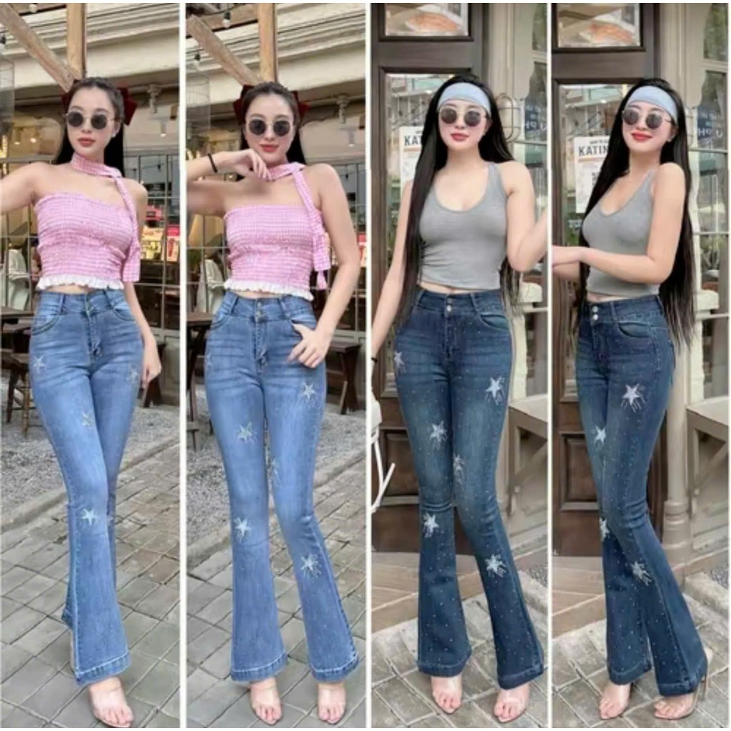 98-103cm Quần Jeans Nữ Ống Loe Dài Thêu Sao Đính Đá Lưng Cao Tôn Dáng