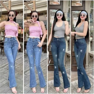 98-103cm Quần Jeans Nữ Ống Loe Dài Thêu Sao Đính Đá Lưng Cao Tôn Dáng