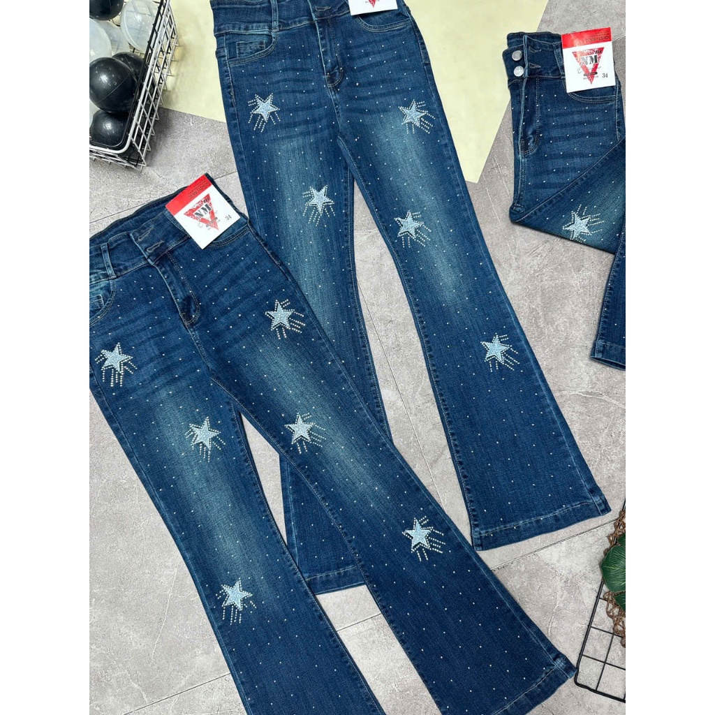 98-103cm Quần Jeans Nữ Ống Loe Dài Thêu Sao Đính Đá Lưng Cao Tôn Dáng