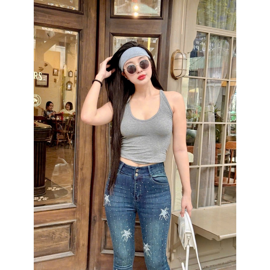 98-103cm Quần Jeans Nữ Ống Loe Dài Thêu Sao Đính Đá Lưng Cao Tôn Dáng