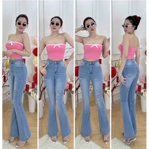100-103cm Quần Jeans Nữ Ống Loe Dài Lưng Cao Rách Đùi Co Giãn 4 Chiều