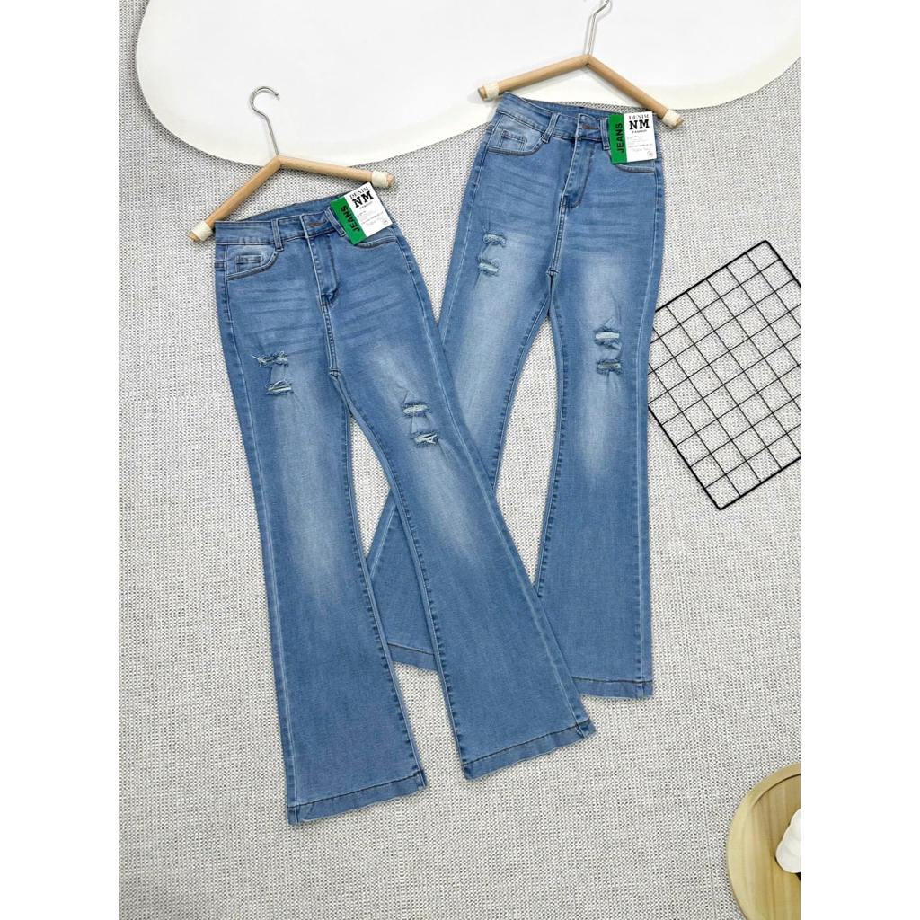 100-103cm Quần Jeans Nữ Ống Loe Dài Lưng Cao Rách Đùi Co Giãn 4 Chiều