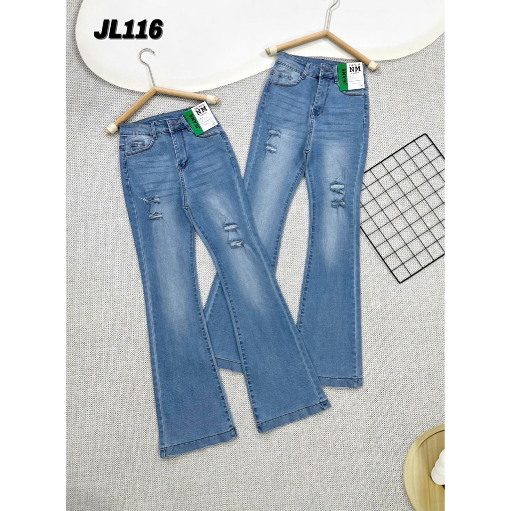 100-103cm Quần Jeans Nữ Ống Loe Dài Lưng Cao Rách Đùi Co Giãn 4 Chiều