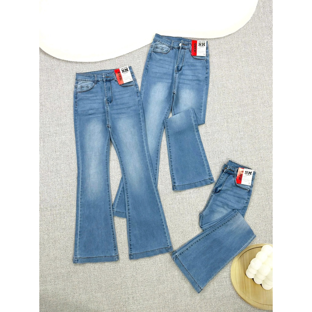 100-103cm Quần Jeans Nữ Ống Loe Dài Lưng Cao Rách Đùi Co Giãn 4 Chiều