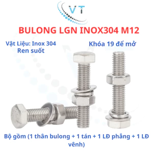 Bulong LGN inox304 M12 (vặn cờ lê 19) dài 20mm - 200mm. 1 bộ (1 bulong + 1 tán+1 LĐ phẳng+1 LĐ vênh)