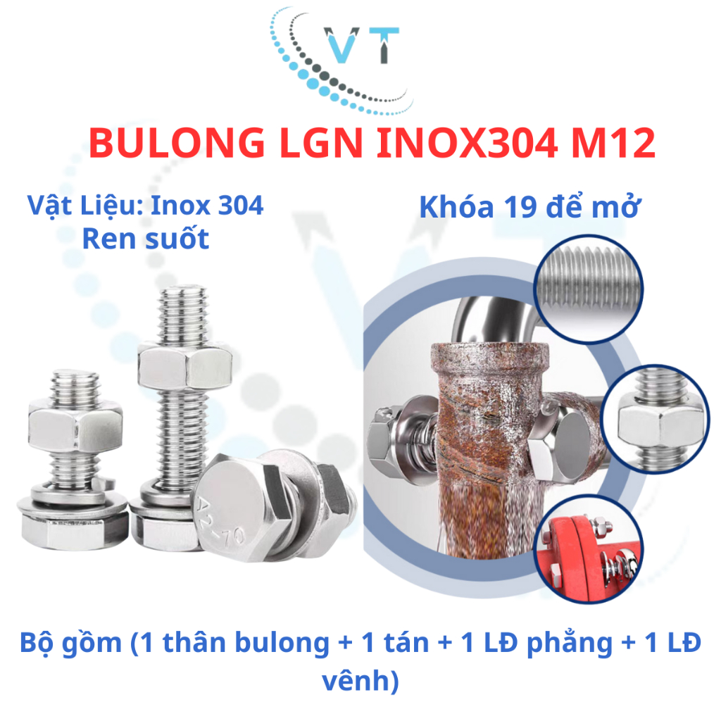 Bulong LGN inox304 M12 (vặn cờ lê 19) dài 20mm - 200mm. 1 bộ (1 bulong + 1 tán+1 LĐ phẳng+1 LĐ vênh)