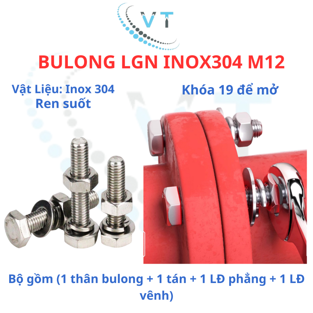 Bulong LGN inox304 M12 (vặn cờ lê 19) dài 20mm - 200mm. 1 bộ (1 bulong + 1 tán+1 LĐ phẳng+1 LĐ vênh)
