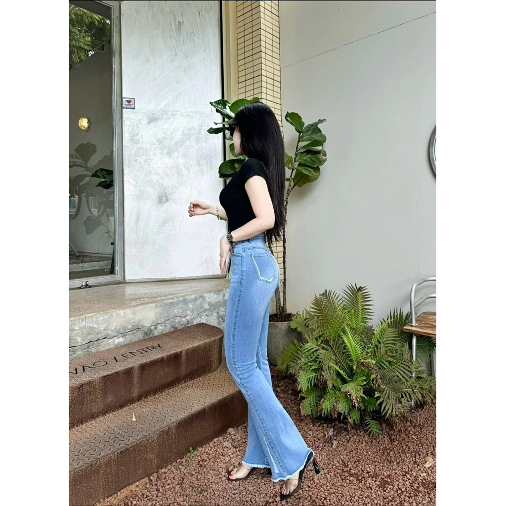 101-103cm Quần Jeans Nữ Ống Loe Dài Lưng Tua Nhiều Màu