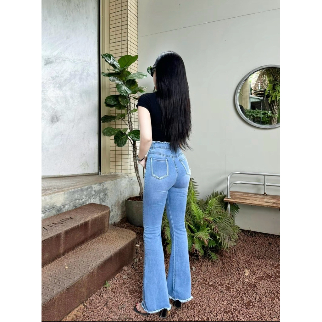 101-103cm Quần Jeans Nữ Ống Loe Dài Lưng Tua Nhiều Màu