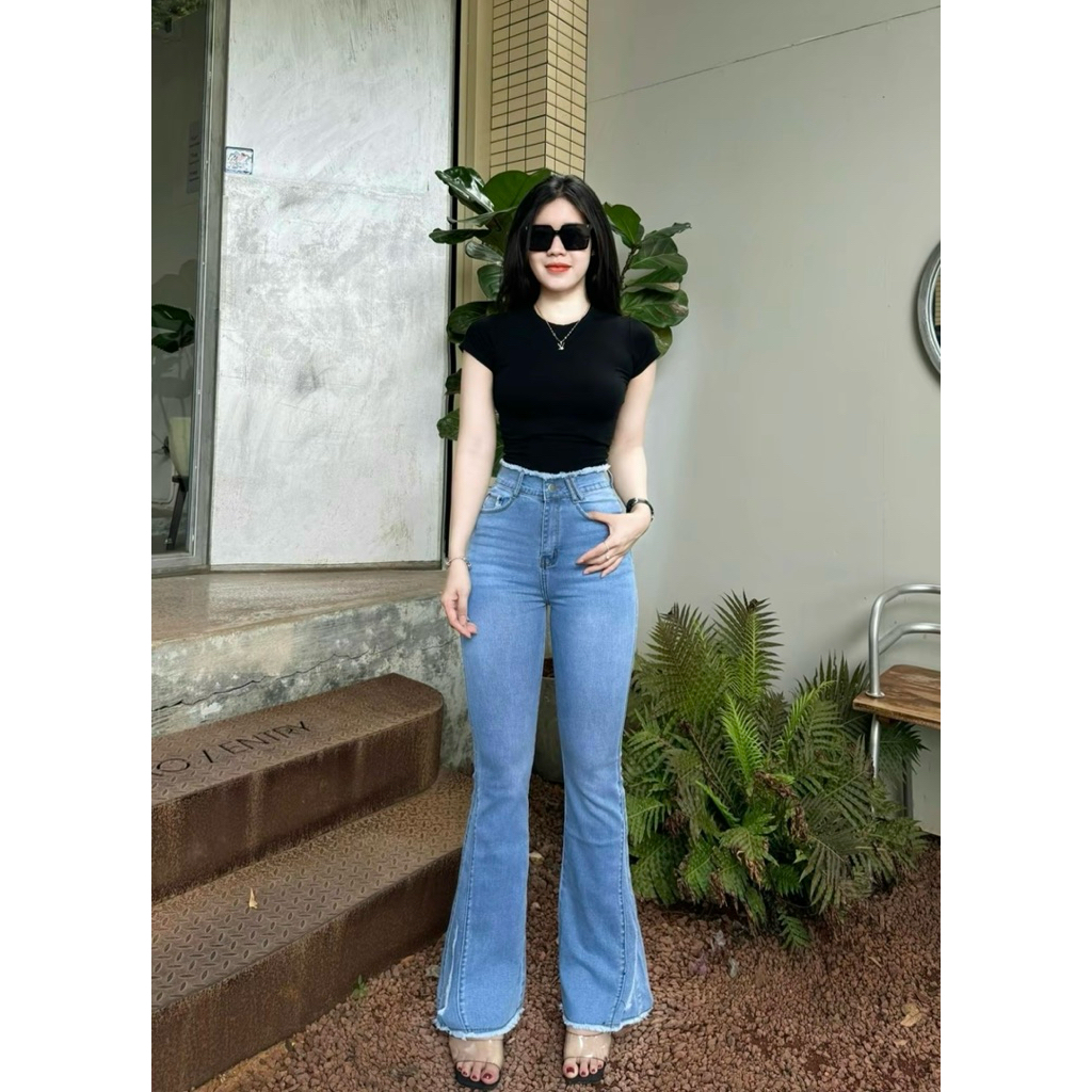 101-103cm Quần Jeans Nữ Ống Loe Dài Lưng Tua Nhiều Màu