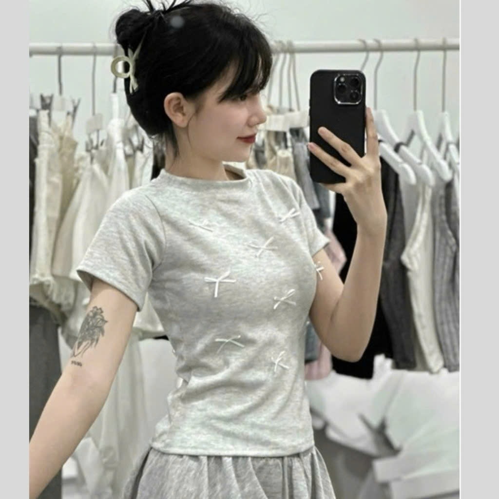 [ Video thực tế sp ] Áo thun babytee Đính nơ, áo thun nữ, áo thun nữ cỗ tròn A51124