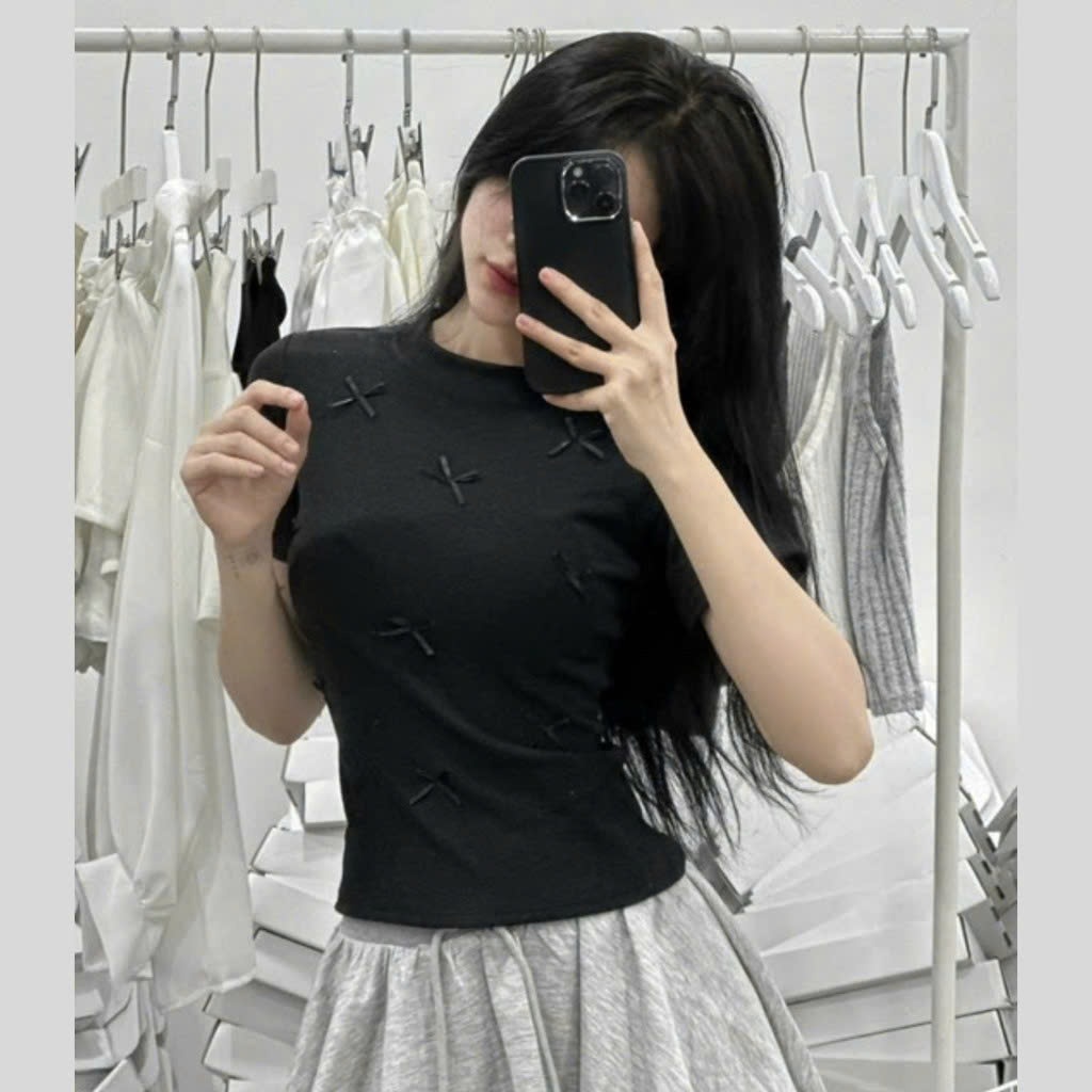 [ Video thực tế sp ] Áo thun babytee Đính nơ, áo thun nữ, áo thun nữ cỗ tròn A51124