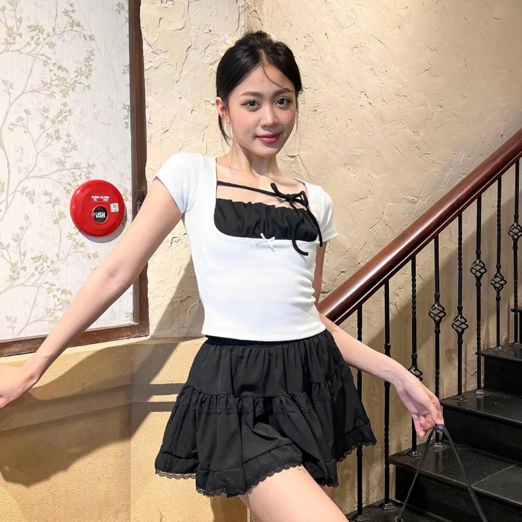 [ Video sp thực tế ] Áo kiểu cổ bèo tay ngắn cổ vuông, Áo thun nữ hottrend, Áo croptop A51093