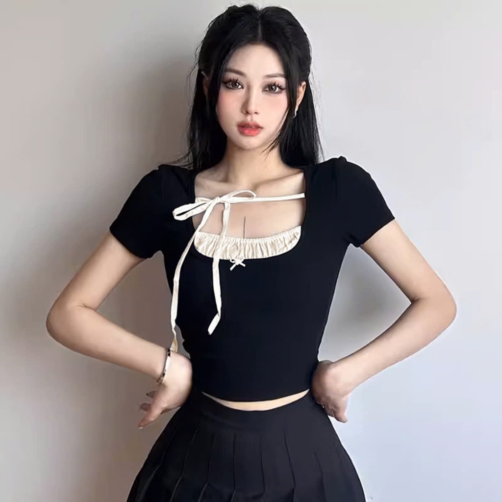 [ Video sp thực tế ] Áo kiểu cổ bèo tay ngắn cổ vuông, Áo thun nữ hottrend, Áo croptop A51093