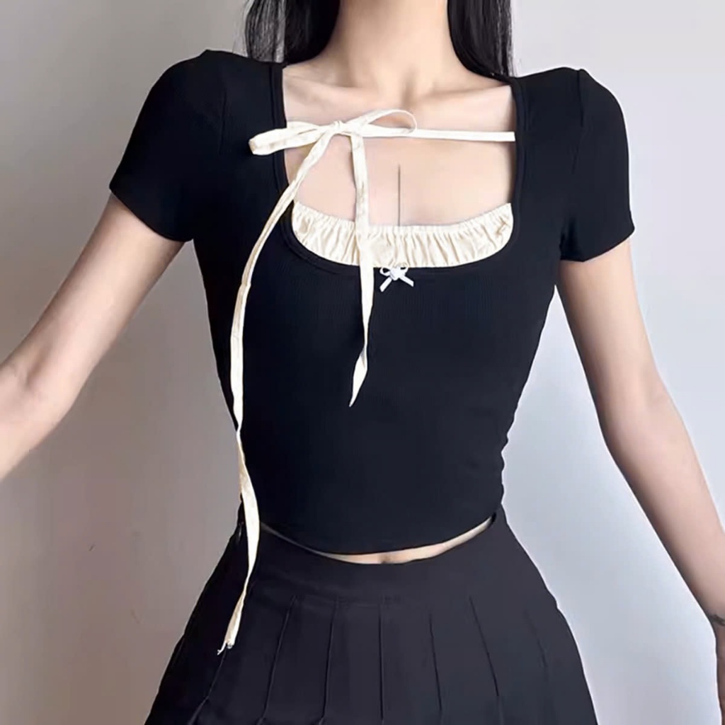 [ Video sp thực tế ] Áo kiểu cổ bèo tay ngắn cổ vuông, Áo thun nữ hottrend, Áo croptop A51093
