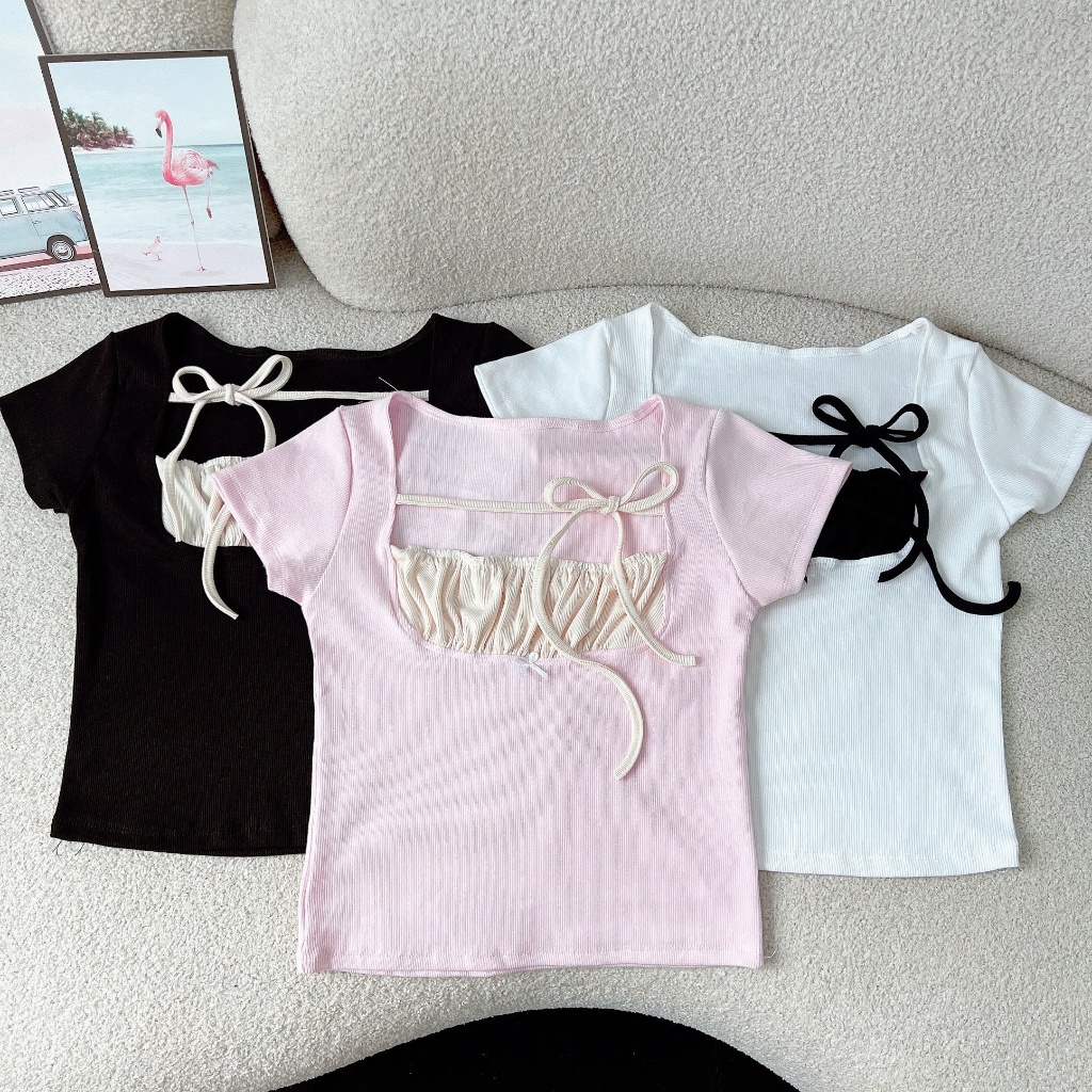 [ Video sp thực tế ] Áo kiểu cổ bèo tay ngắn cổ vuông, Áo thun nữ hottrend, Áo croptop A51093