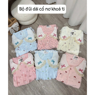 Bộ bầu - bộ sau sinh - BỘ DÀI ĐŨI NHĂN CỔ SEN REN GẮN NƠ KẺ HAI TÚI REN - 6 Màu, Áo Có Khoá Kéo & Quần Có Chun Chỉnh